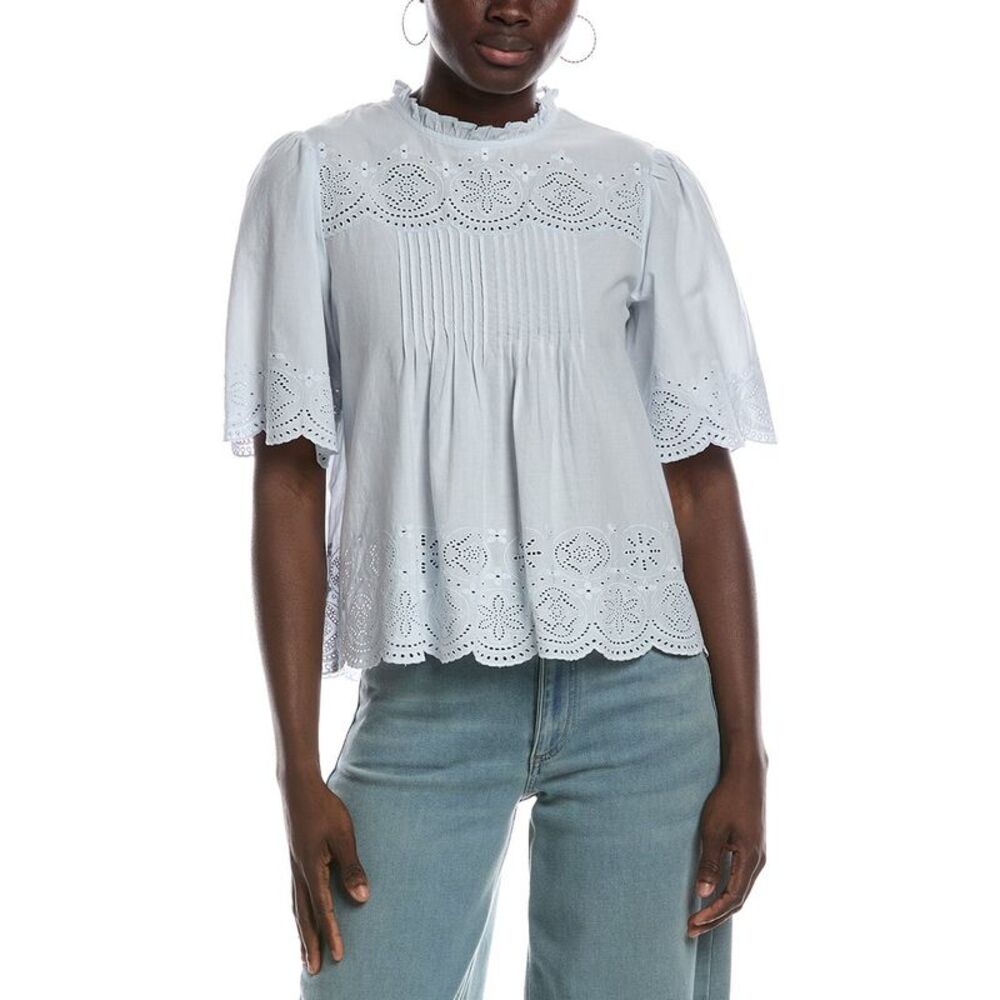 Madewell Womens  Embroidered Pintuck High Neck Top, Blue